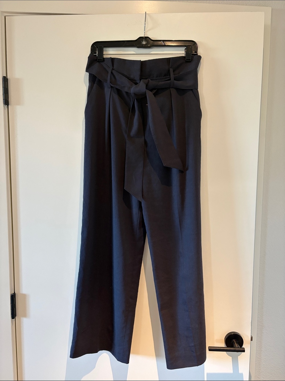 Veronica Beard Navy Paperbag-Waist Wide-Leg Pants with Self Tie